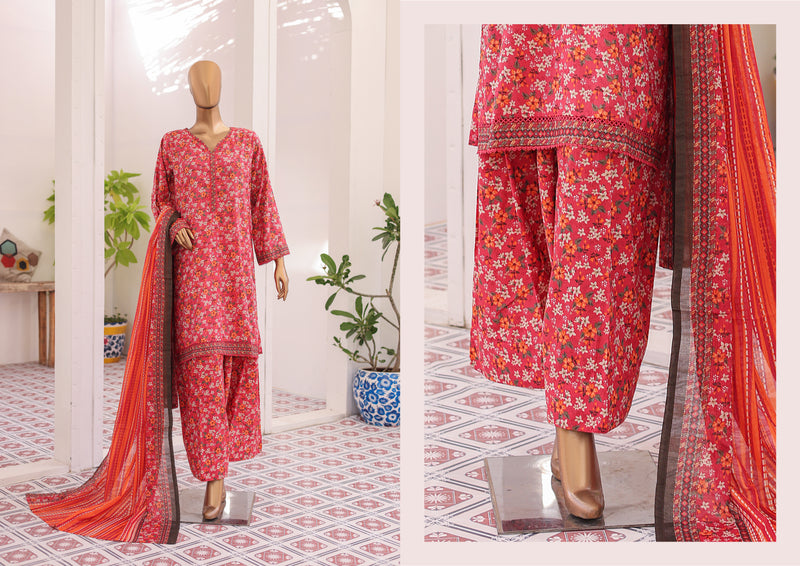 Lawn - Stitched printed 3piece with Farshi Shalwar - Red