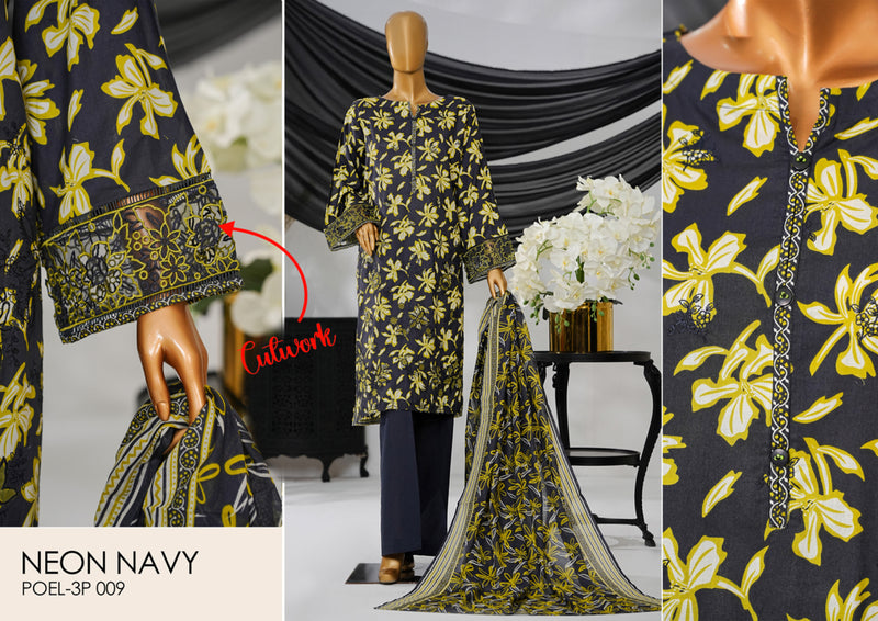 Cotton | Cambric - Stitched Embroidered 3piece with Lace work - Neon Navy