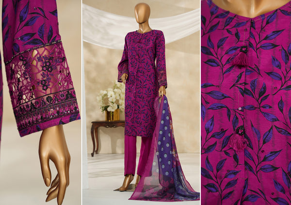 Cambric | Cotton - Stitched printed embroidered silk 3piece with Boring, Cutwork & Mirror work - Magenta