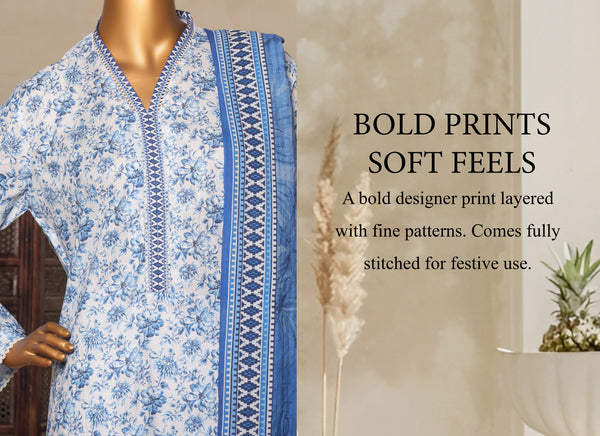 Lawn - Stitched printed 3piece with Lace work - Sky Blue
