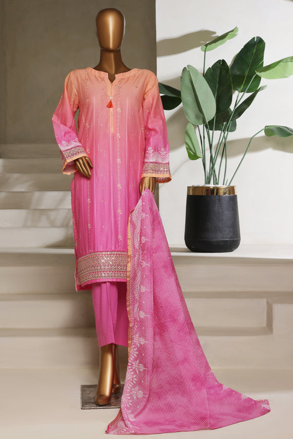 Lawn - Embroidered jacquard 3piece with Lace work - Coral