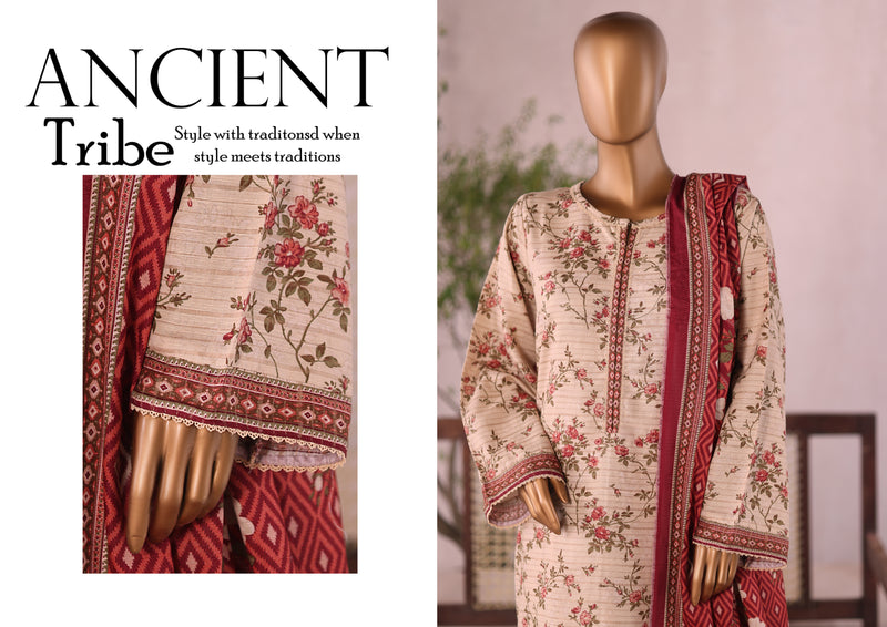 Khaddar - Stitched  printed 3piece with Lace work  -  Peach