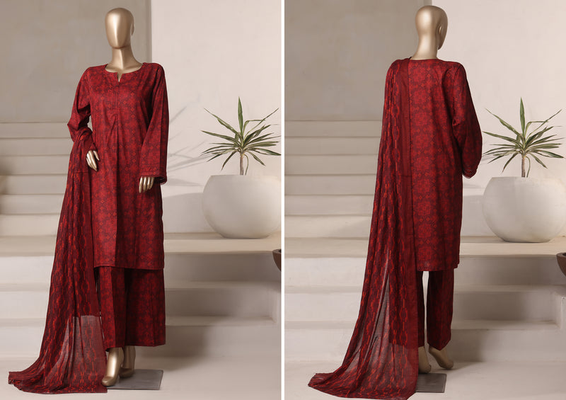 Cambric - Stitched printed 3piece with Lace work - Maroon Check