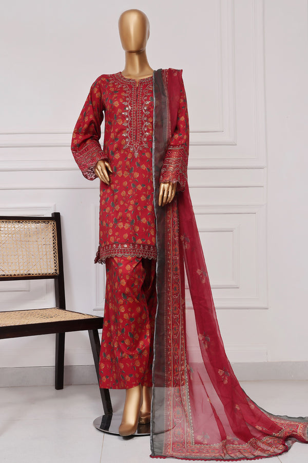 Lawn Farshi- Stitched Embroidered 3piece with Farshi shalwar - Red