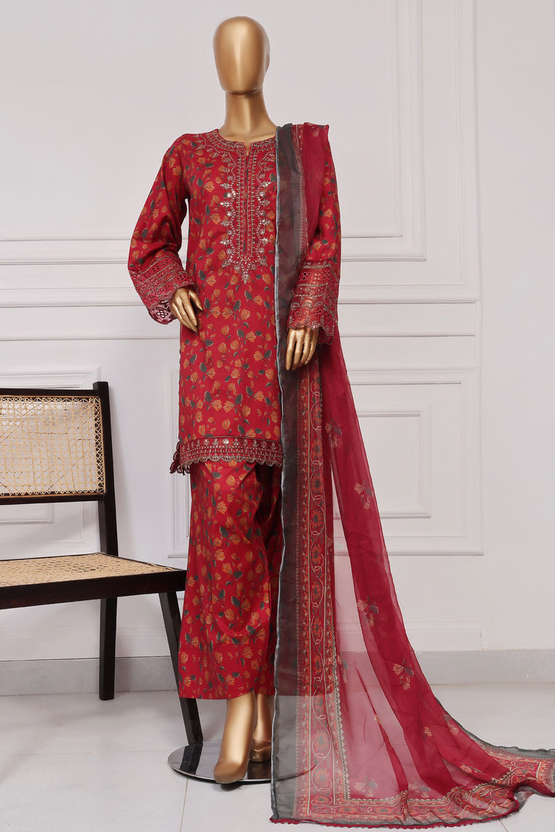Lawn Farshi- Stitched Embroidered 3piece with Farshi shalwar - Red