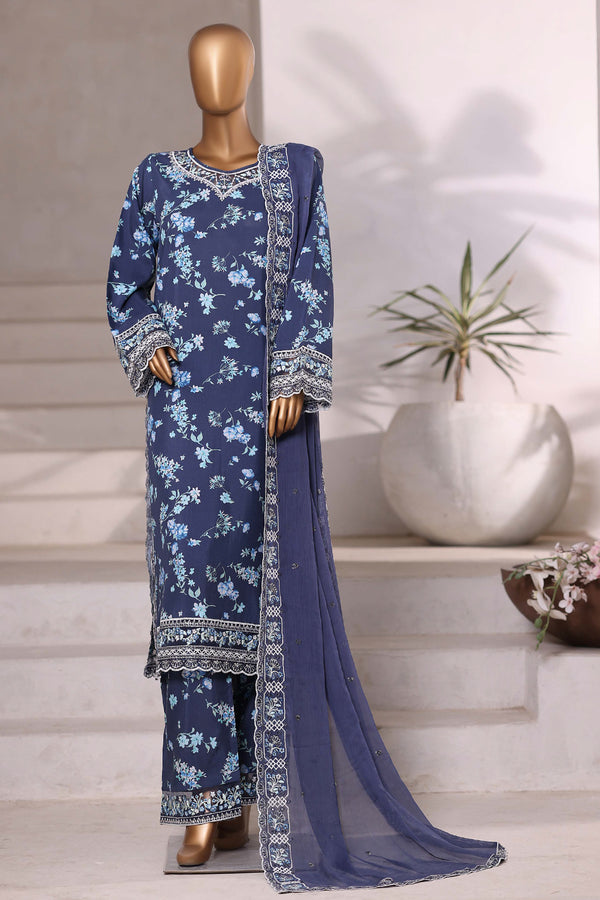 Luxury viscose - Stitched Embroidered 3piece with Chiffon embroidered Dupatta - Blue