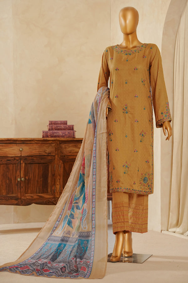 Lawn Jacquard - Stitched Embroidered 3 piece with lace work - Golden Rod