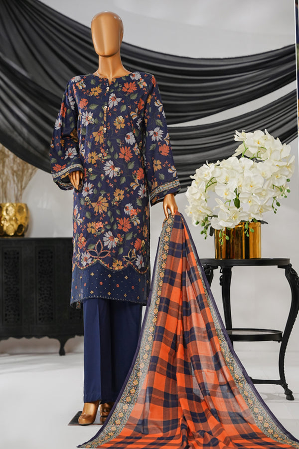 Cotton | Cambric - Stitched Embroidered 3piece with Lace work - Multi Navy