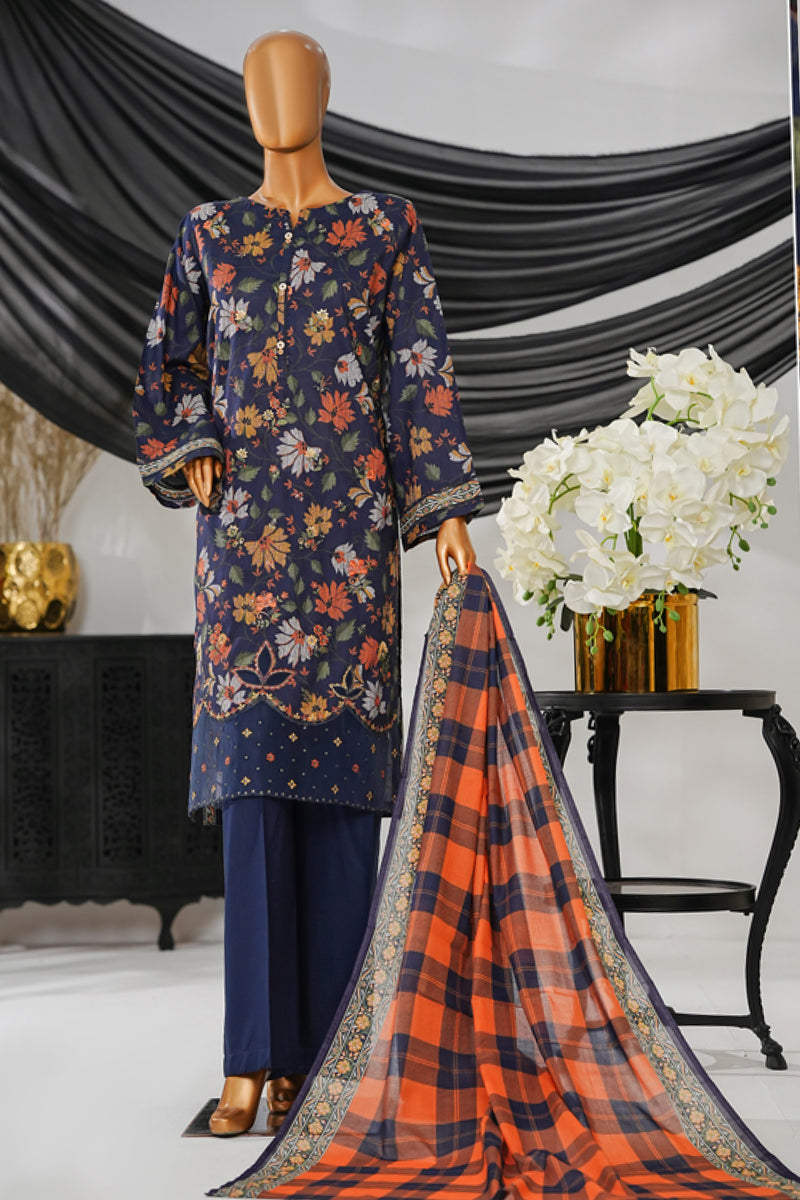 Cotton | Cambric - Stitched Embroidered 3piece with Lace work - Multi Navy