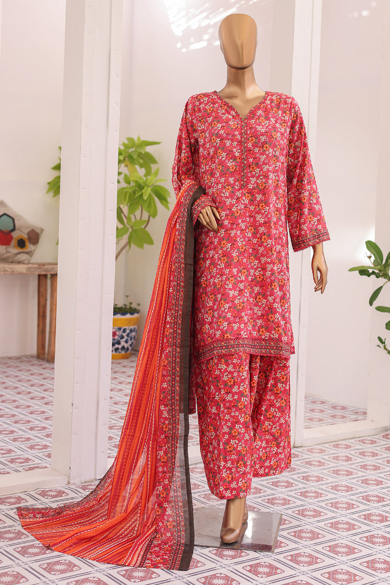 Lawn - Stitched printed 3piece with Farshi Shalwar - Red