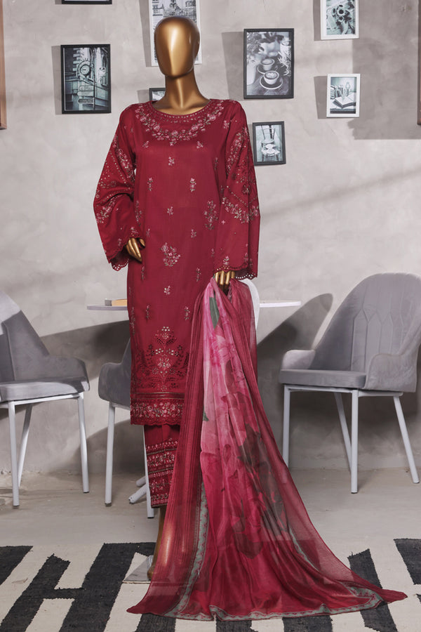 Lawn - Stitched Self Jacqaurd Embroidered 3piece with Emb trouser - Maroon