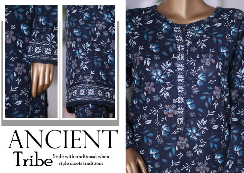 Khaddar Co-Ords - Stitched printed Kurti & trouser with Lace work - Navy Blue