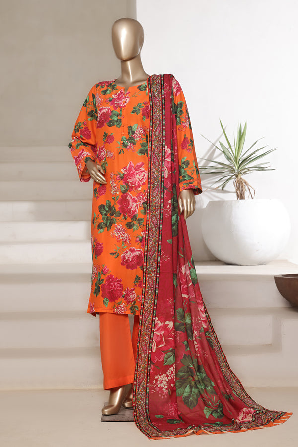 Lawn - Stitched printed 3piece with Lace work - Orange