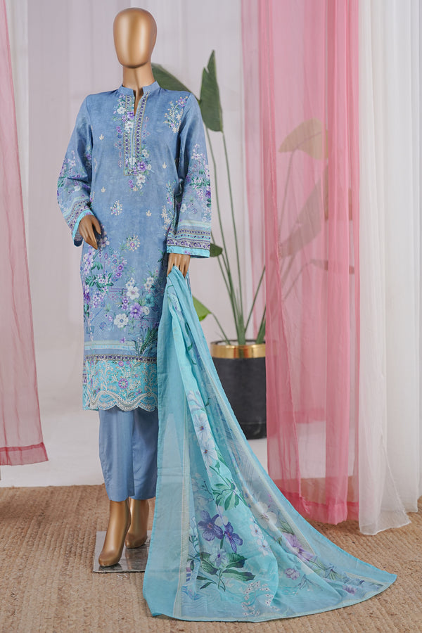 Lawn - Stitched Embroidered 3piece with Zari work & Lace work - Sky Blue