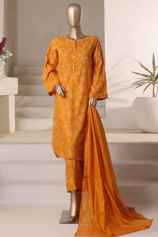 Cambric - Stitched printed 3piece with Lace work - Mustard Dot