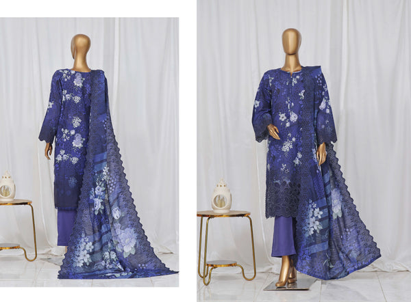 Khaddar - Stitched Embroidered Chikan Kari 3 piece with Laser work and Embroidered Cutwork Dupatta - Blue