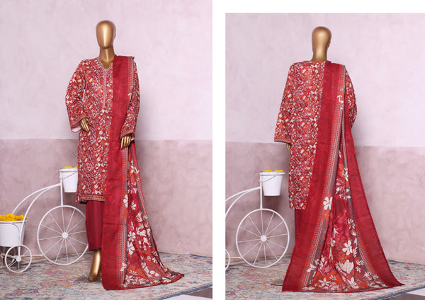 Khaddar - Stitched printed 3piece with Lace work - Red