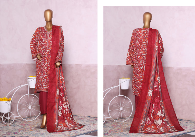 Khaddar - Stitched printed 3piece with Lace work - Red