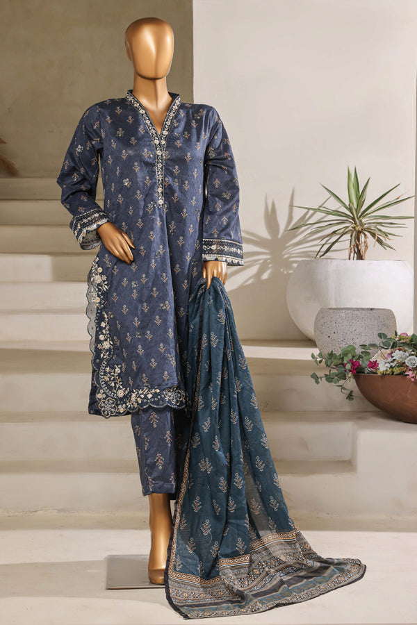 Lawn - Stitched Embroidered Chikankari 3piece with Lace work - Dark Blue