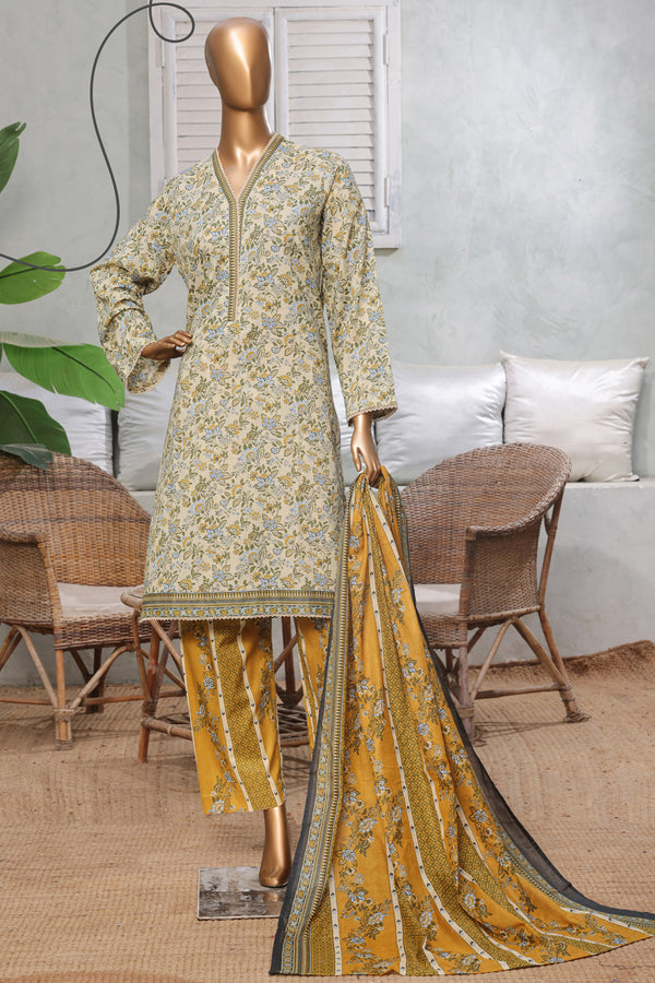 Lawn - Stitched printed 3piece with Lace work - Light Green