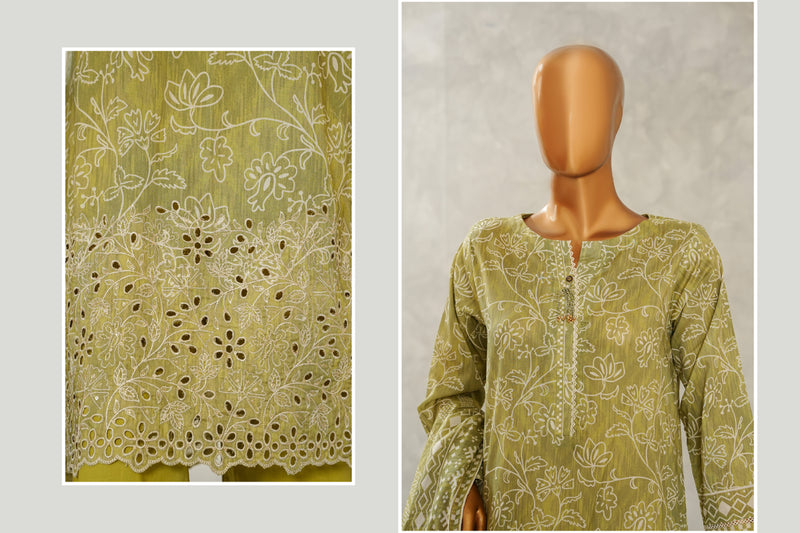 Lawn - Stitched Digital Printed Embroidered 3piece with Boring work - Green