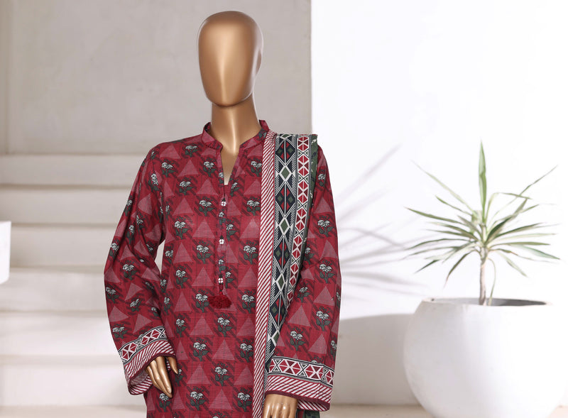 Khaddar - Printed 3piece collection with Lace work - Maroon