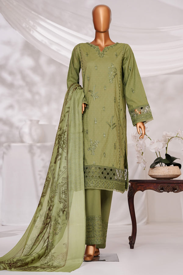 Cambric | Cotton - Stitched Embroidered Printed 3piece with Nannokara Dupatta - Leaf Green