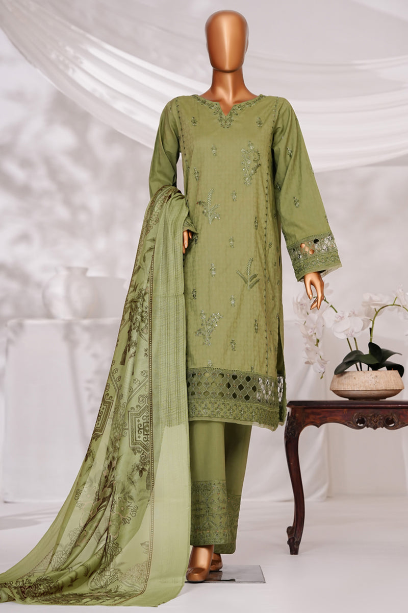 Cambric | Cotton - Stitched Embroidered Printed 3piece with Nannokara Dupatta - Leaf Green