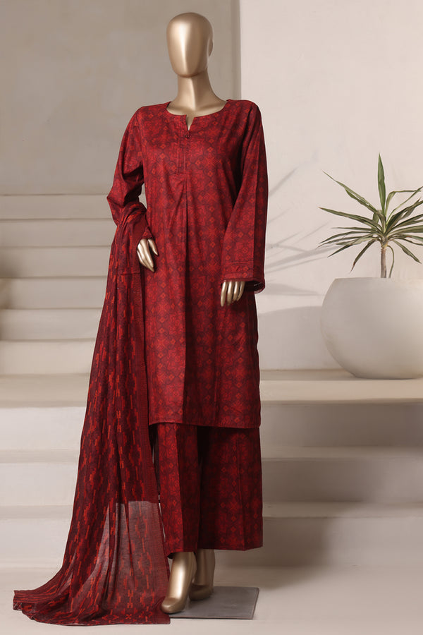 Cambric - Stitched printed 3piece with Lace work - Maroon Check