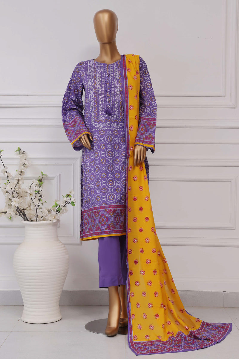 Lawn Chunri prints - Stitched printed 3piece with Lace work - Purple