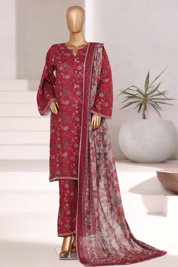 Khaddar - Stitched Embroidered 3piece collection with Lace work - Red