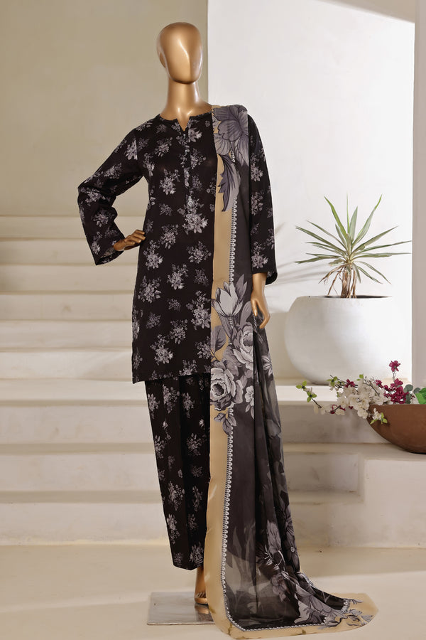 Lawn - Stitched printed 3piece with Farshi shalwar - Black