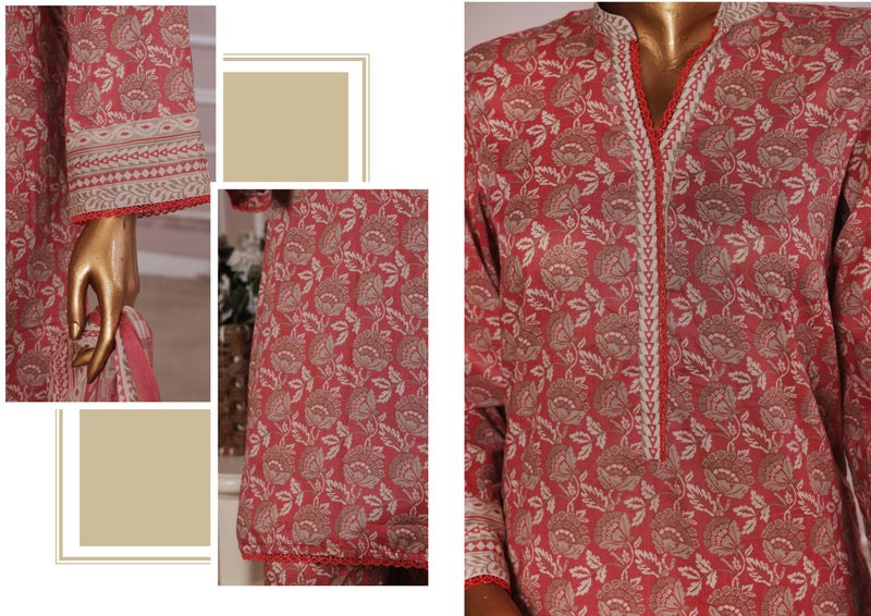 Lawn - Stitched printed 3piece with Farshi Shalwar - Dark Peach