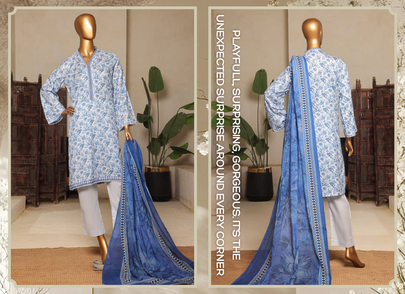 Lawn - Stitched printed 3piece with Lace work - Sky Blue