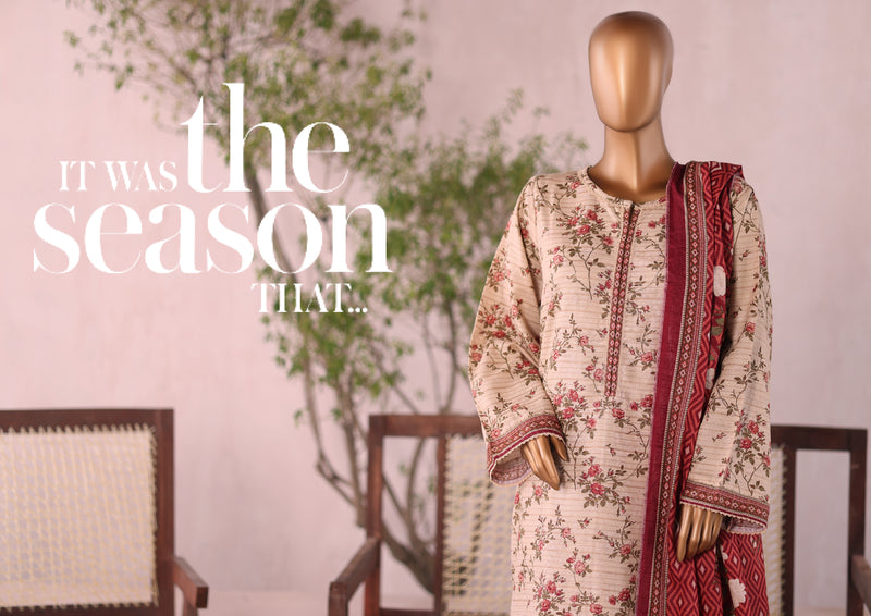 Khaddar - Stitched  printed 3piece with Lace work  -  Peach