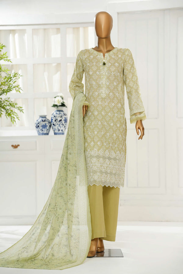 Cambric Chikankari - Stitched Embroidered 3piece with Lace work - Fern Green