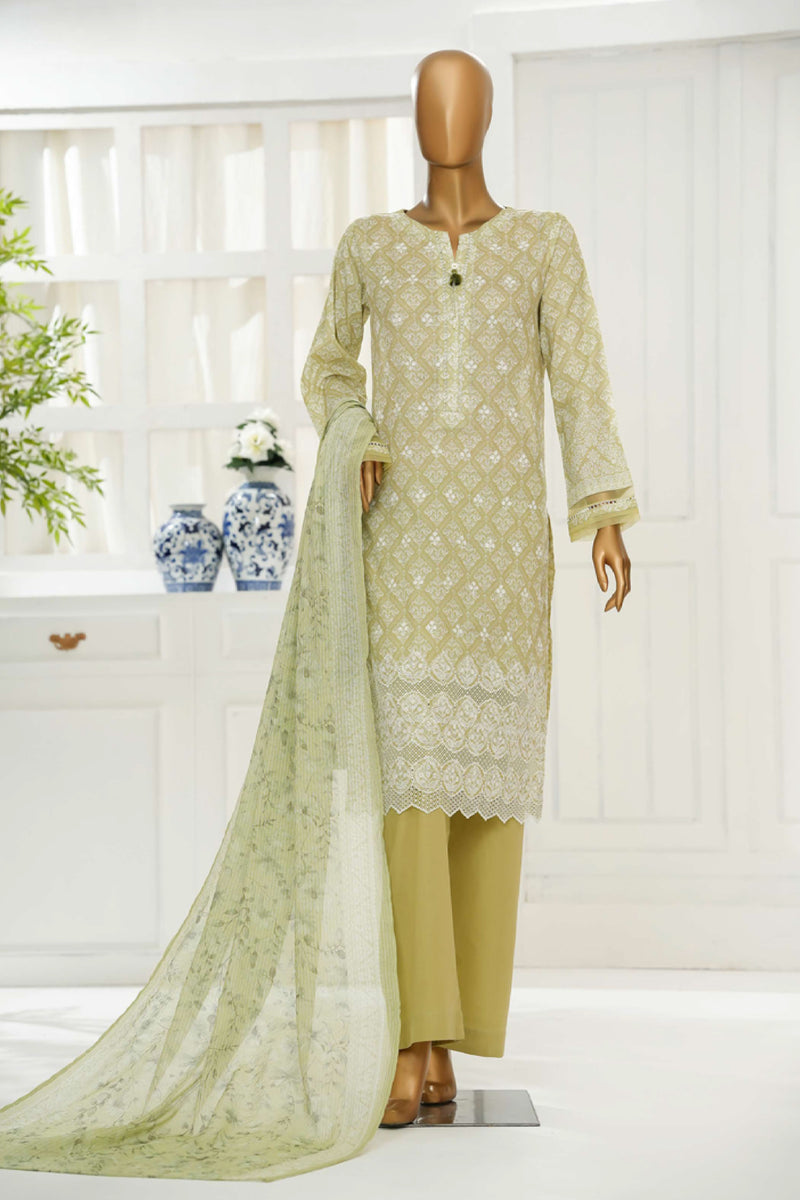 Cambric Chikankari - Stitched Embroidered 3piece with Lace work - Fern Green