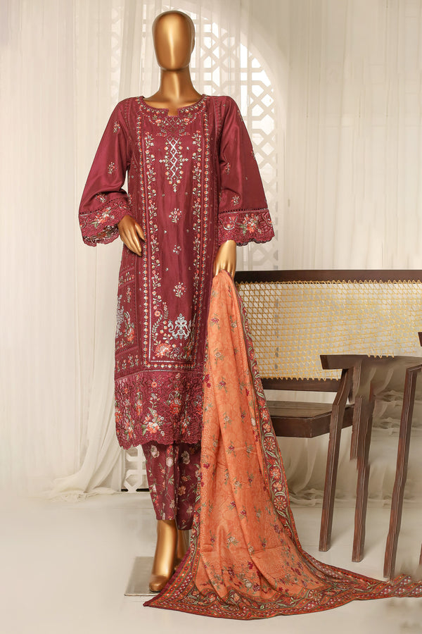 Lawn - Stitched Embroidered 3piece with printed Back & Printed trouser - Maroon