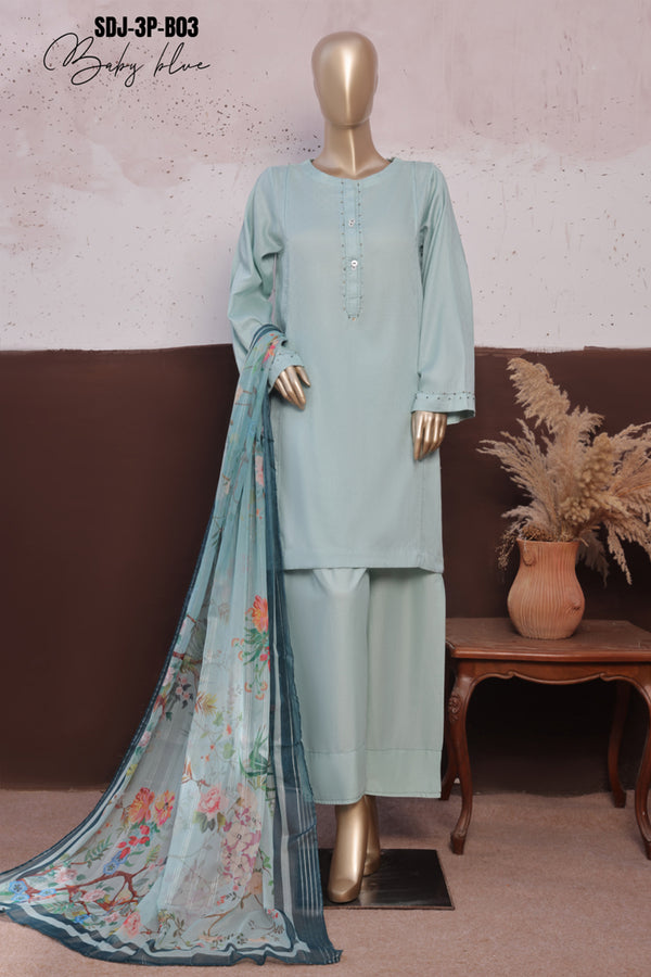 Cambric - Stitched printed 3piece with Lace work - Baby Blue