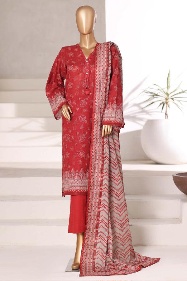 Khaddar - Stitched printed 3piece with Lace work - Red