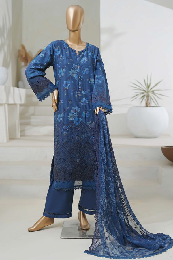 Lawn Chikankari - Stitched Embroidered 3piece with Cutwork and Embroidered Chiffon Dupatta - Dark Blue