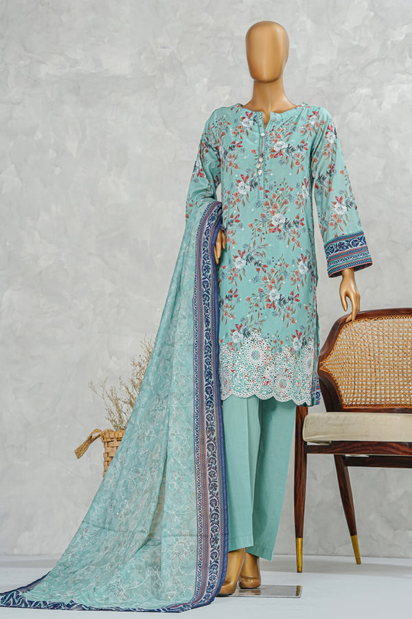 Lawn PrintKari - Stitched Embroidered 3piece with Embroidered Dupatta - Ocean Green