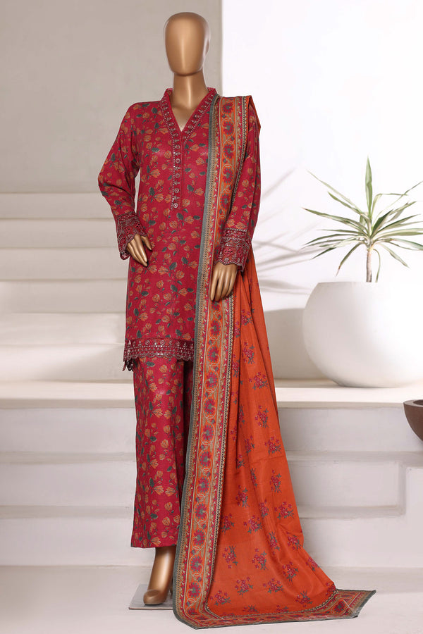 Khaddar - Embroidered 3piece collection with Lace work - Red