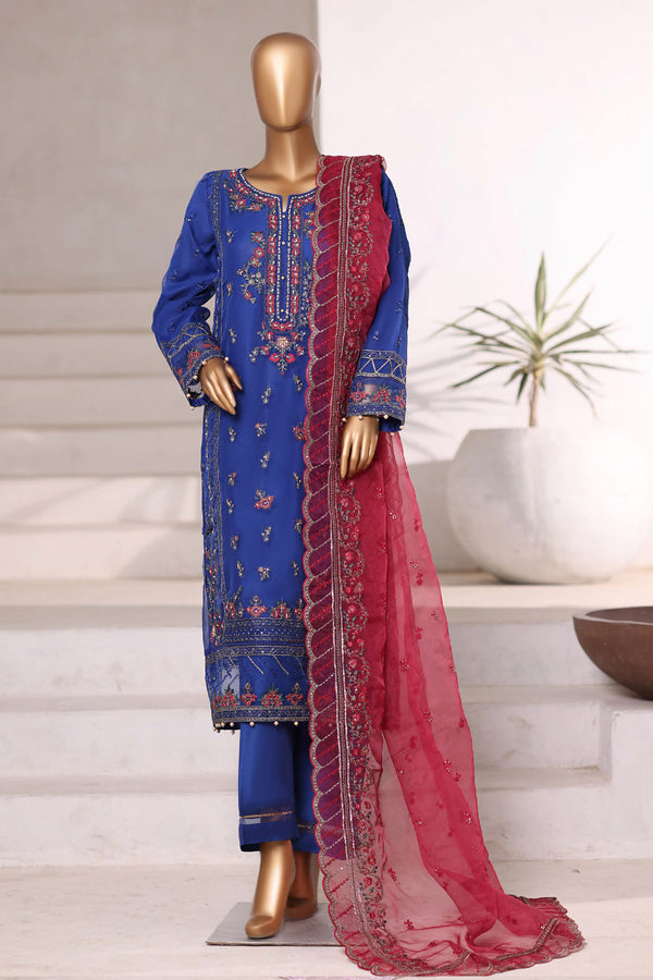 Organza - Stitched Embroidered 3piece with Hand work - Blue & Maroon