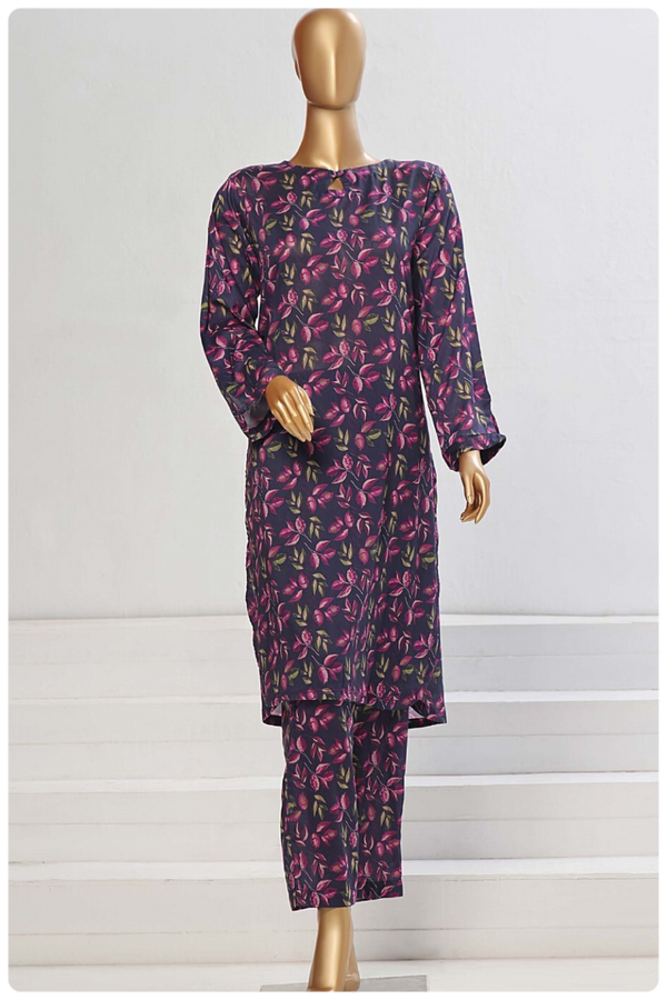 Lawn Co-ords - Stitched Printed Kurti & Trouser with Lace work - Purple