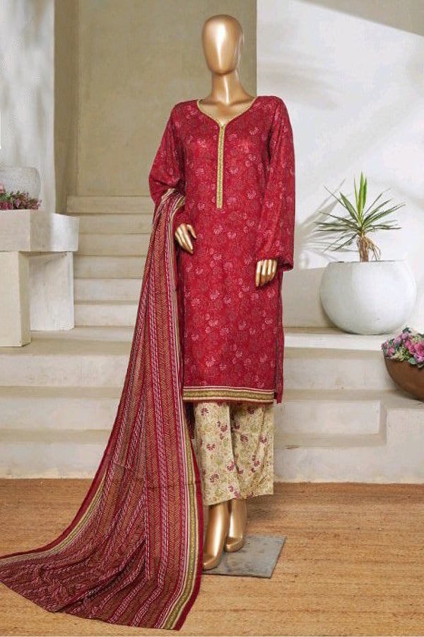 Lawn - Stitched printed 3piece with Lace work - Maroon