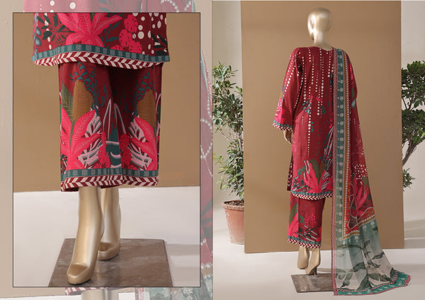 Cambric | Cotton - Stitched printed 3piece with Bamber chiffon Dupatta - Red