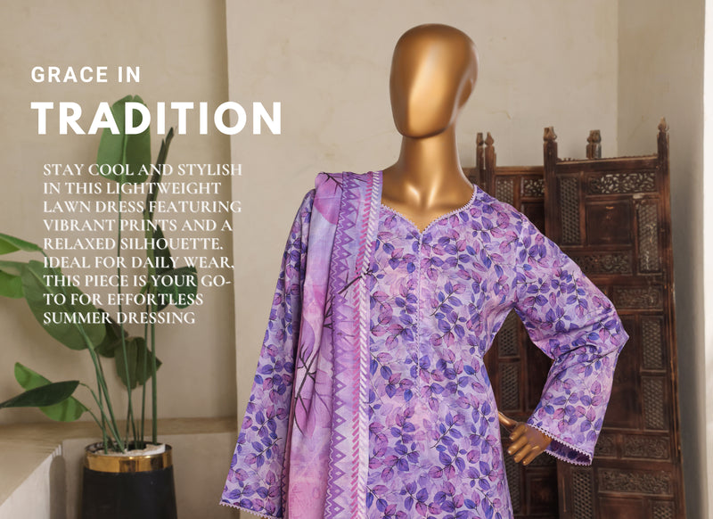 Lawn - Stitched printed 3piece with Lace work - Purple