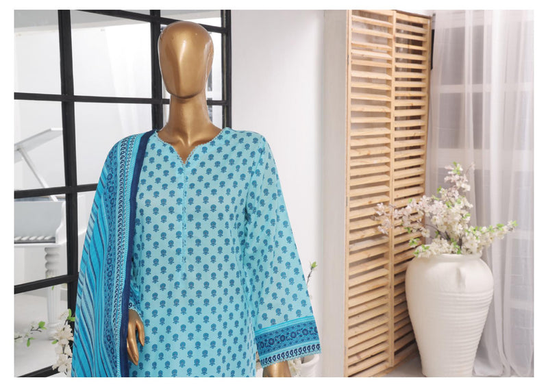 Lawn - Stitched Printed 3piece with Lace work - Sky Blue