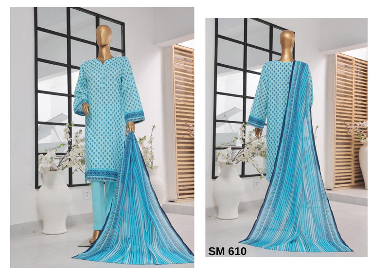 Lawn - Stitched Printed 3piece with Lace work - Sky Blue